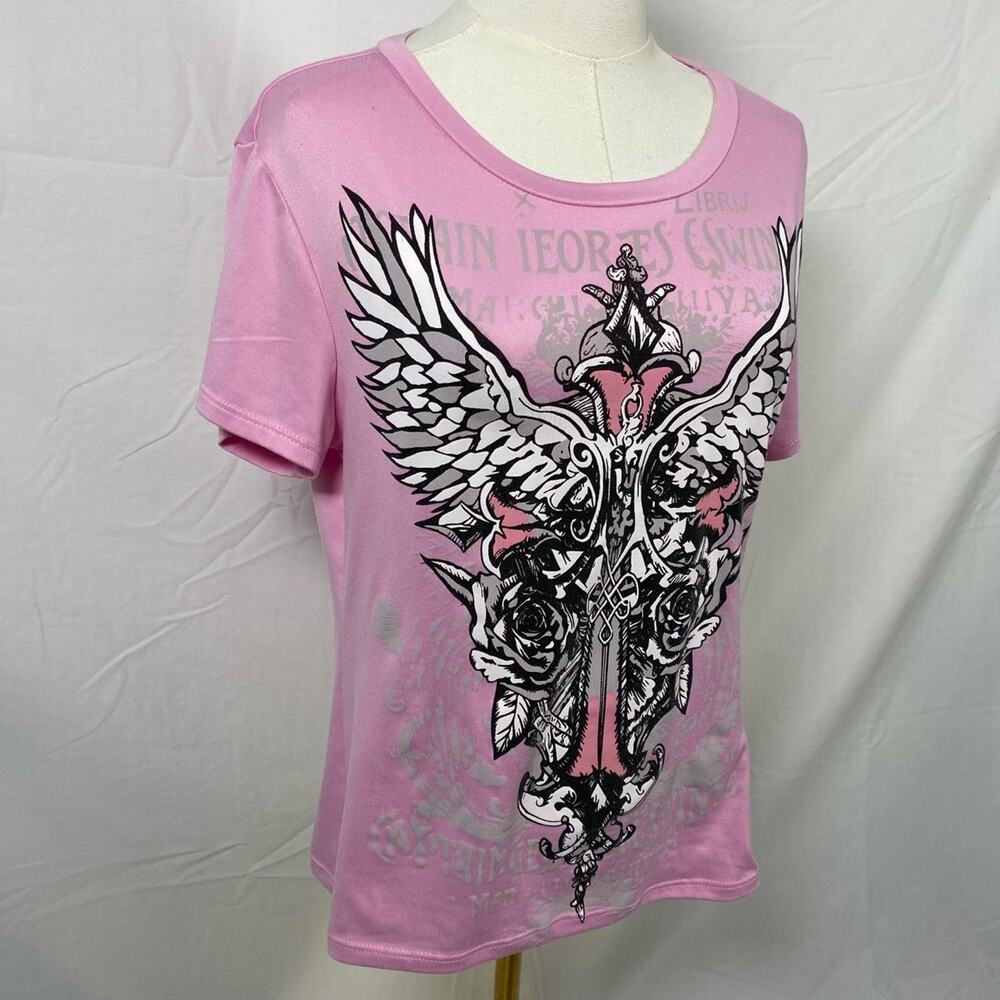 Wild Love pink winged cross t shirt size large y2k grunge preppy emo - Picture 4 of 5